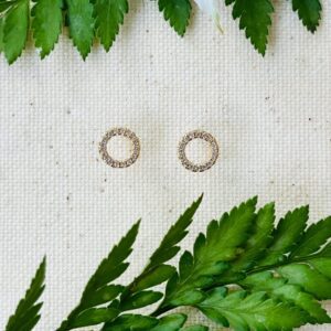 Gold diamond circle stud earrings with ferns