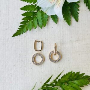 Gold crystal hoop earrings with fern leaves